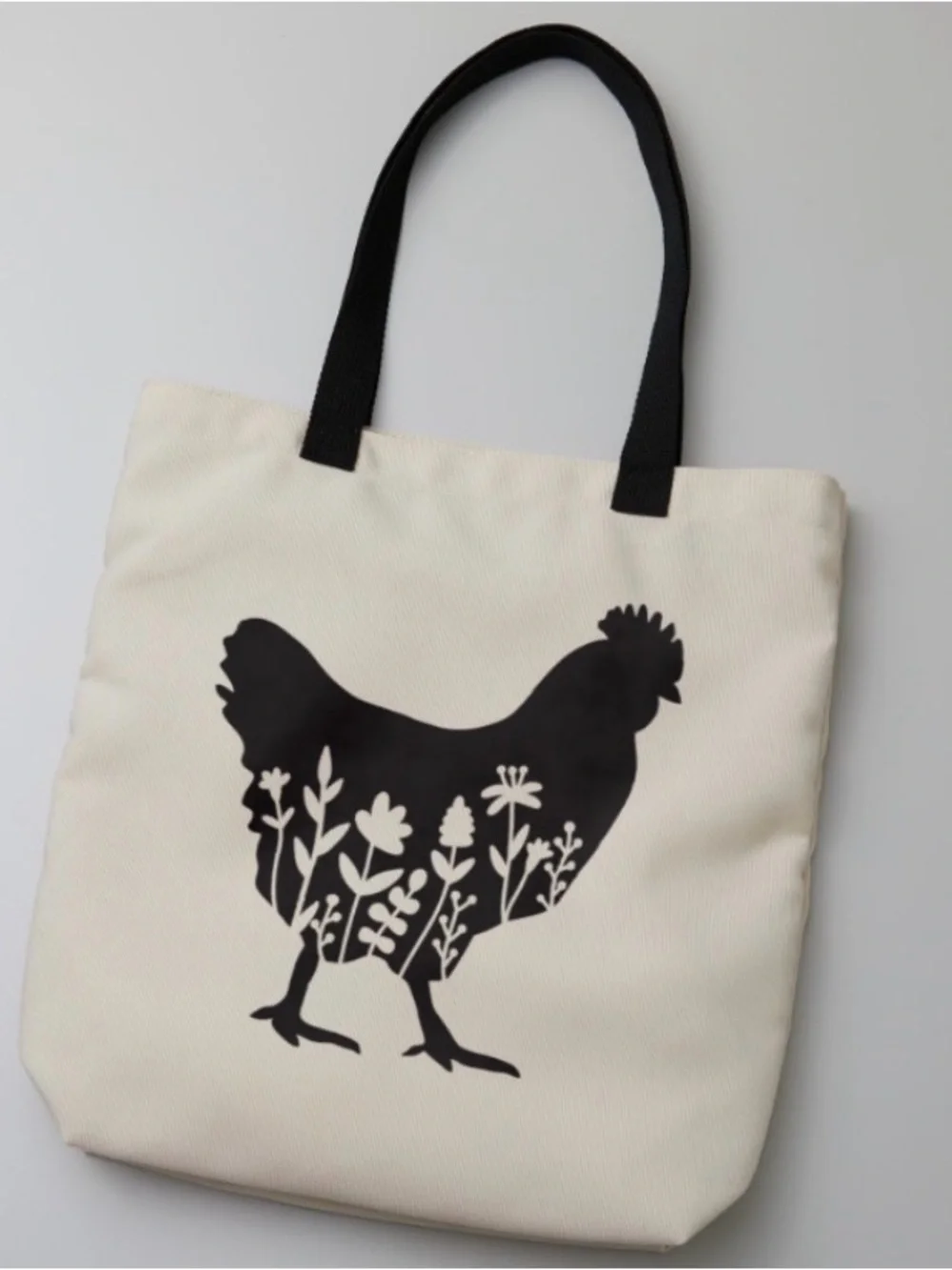 Canvas Chicken Silhouette Tote Bag - Cream and Black 19 in x 14 in